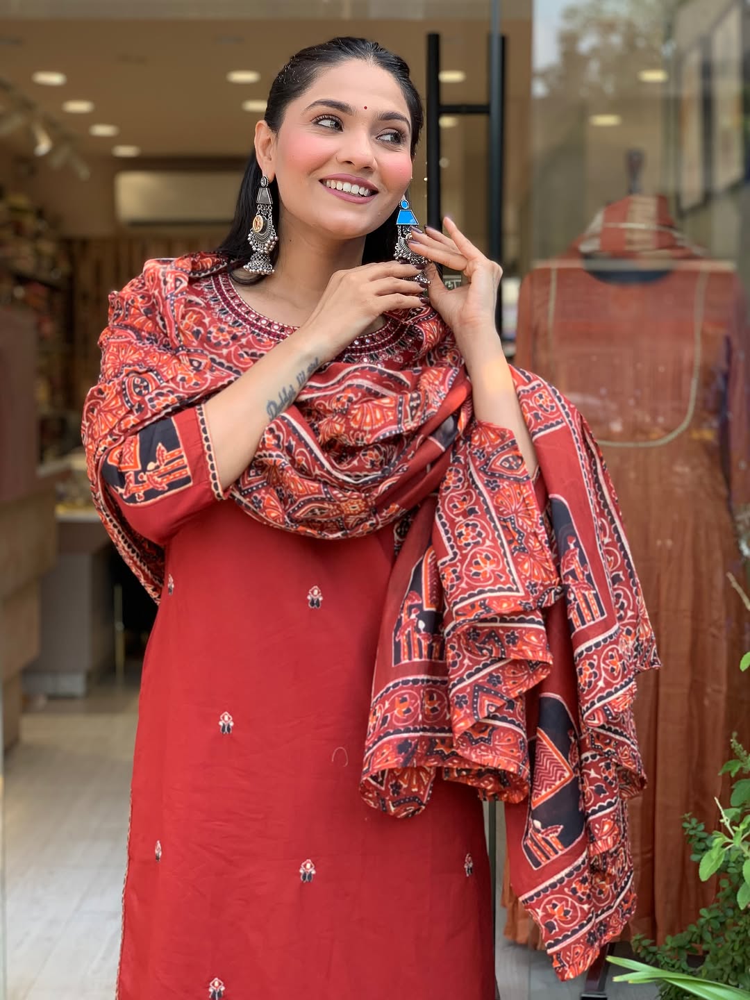Red Handcrafted Kurta Set with Traditional Printed Dupatta