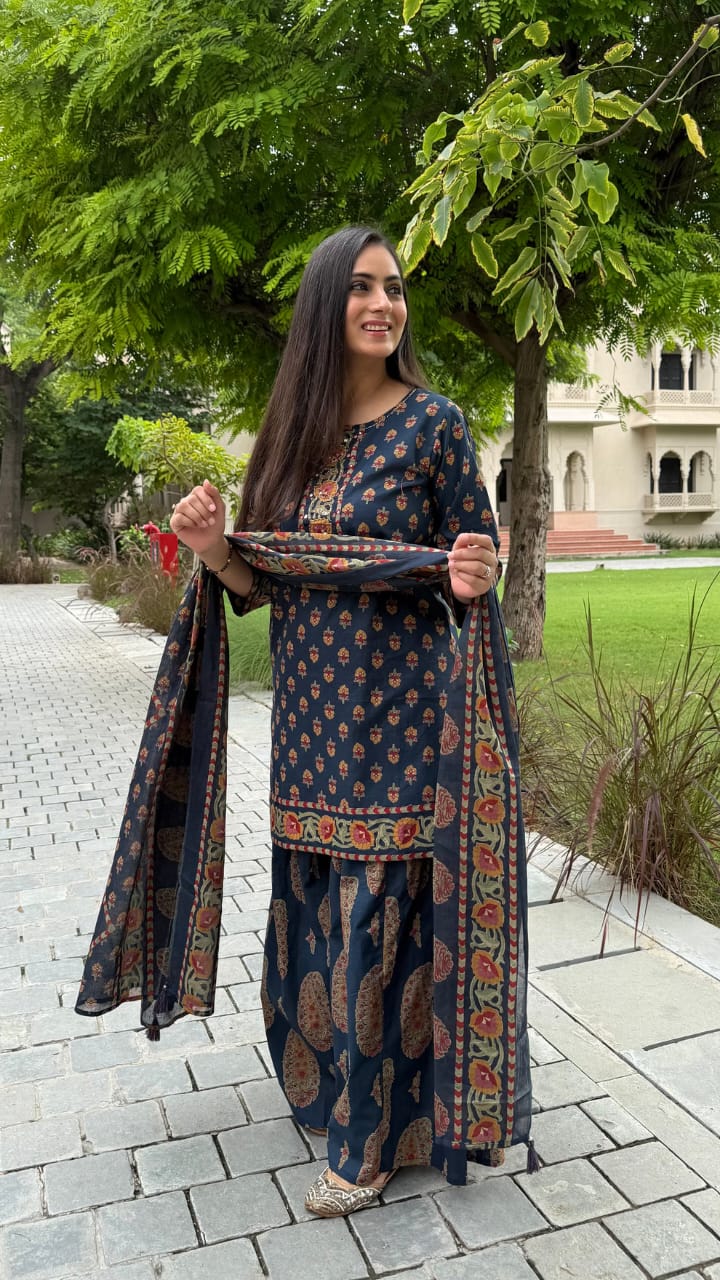Navy Blue Printed Kurta Sharara Dupatta Set for Women