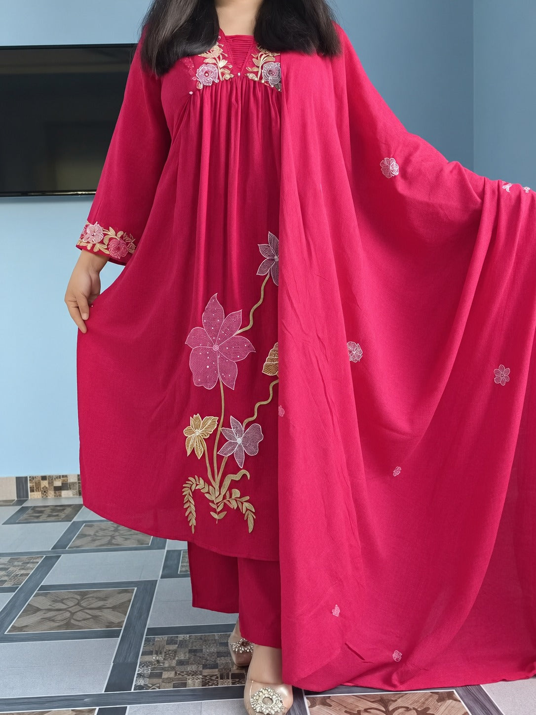 Pink Embroidered Anarkali Kurta Set with Dupatta for Women
