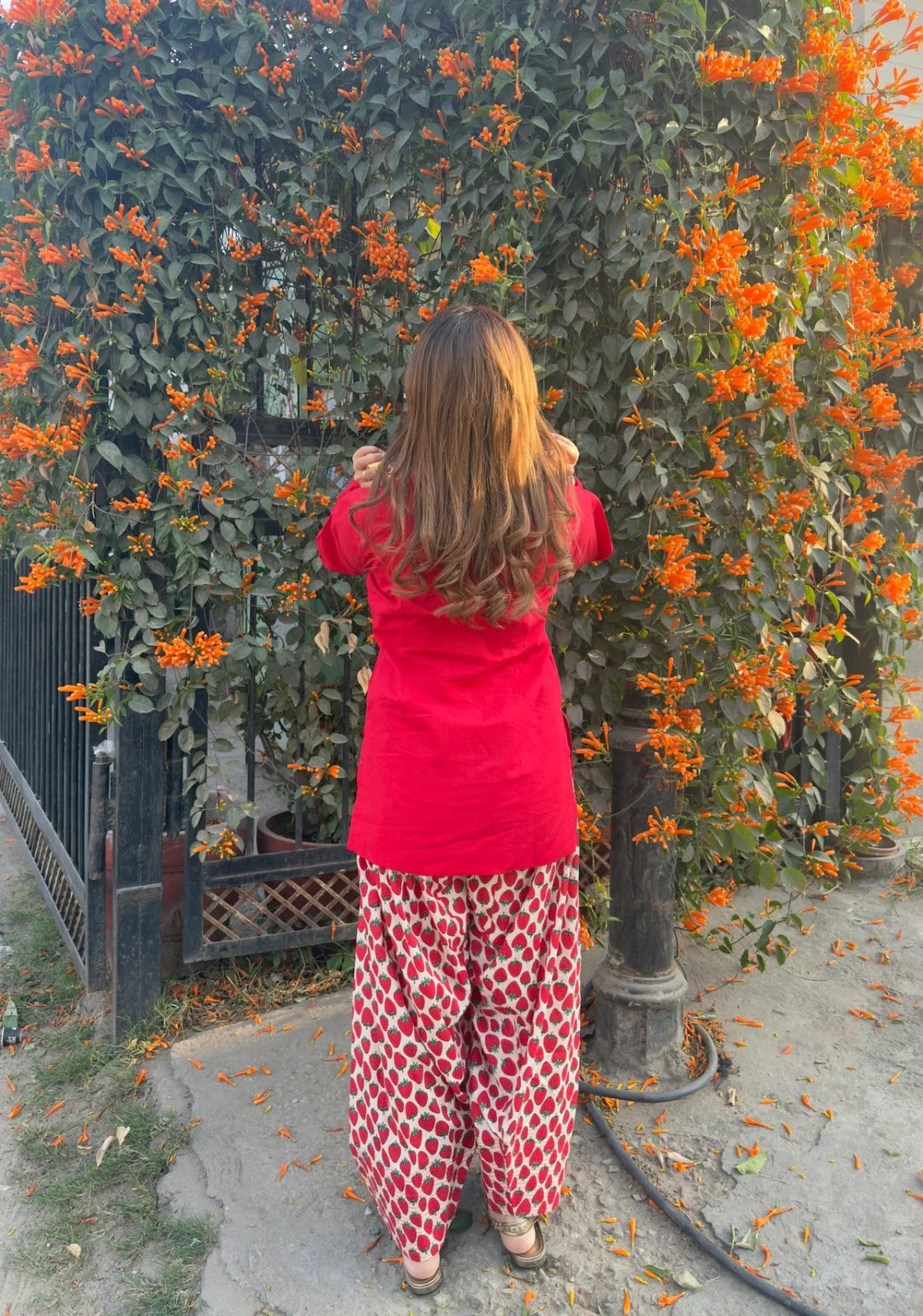 Red Strawberry Print Kurta Palazzo Set for Women