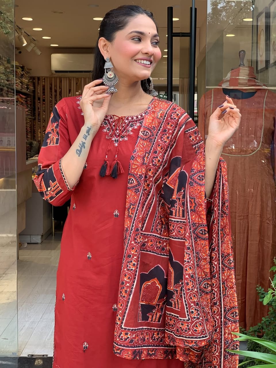 Red Handcrafted Kurta Set with Traditional Printed Dupatta