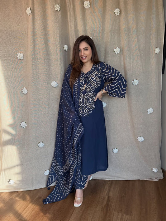 Navy Blue Bandhani Printed Kurta Set with Dupatta
