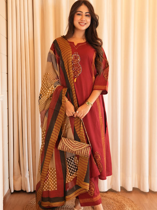 Elegant Maroon Embroidered Kurta Set with Printed Dupatta