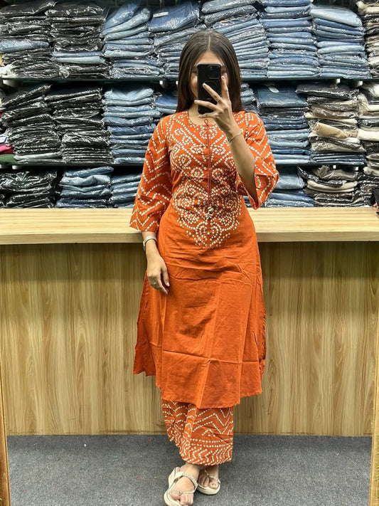Elegant Rust Orange Bandhani 3 Piece Kurta Set