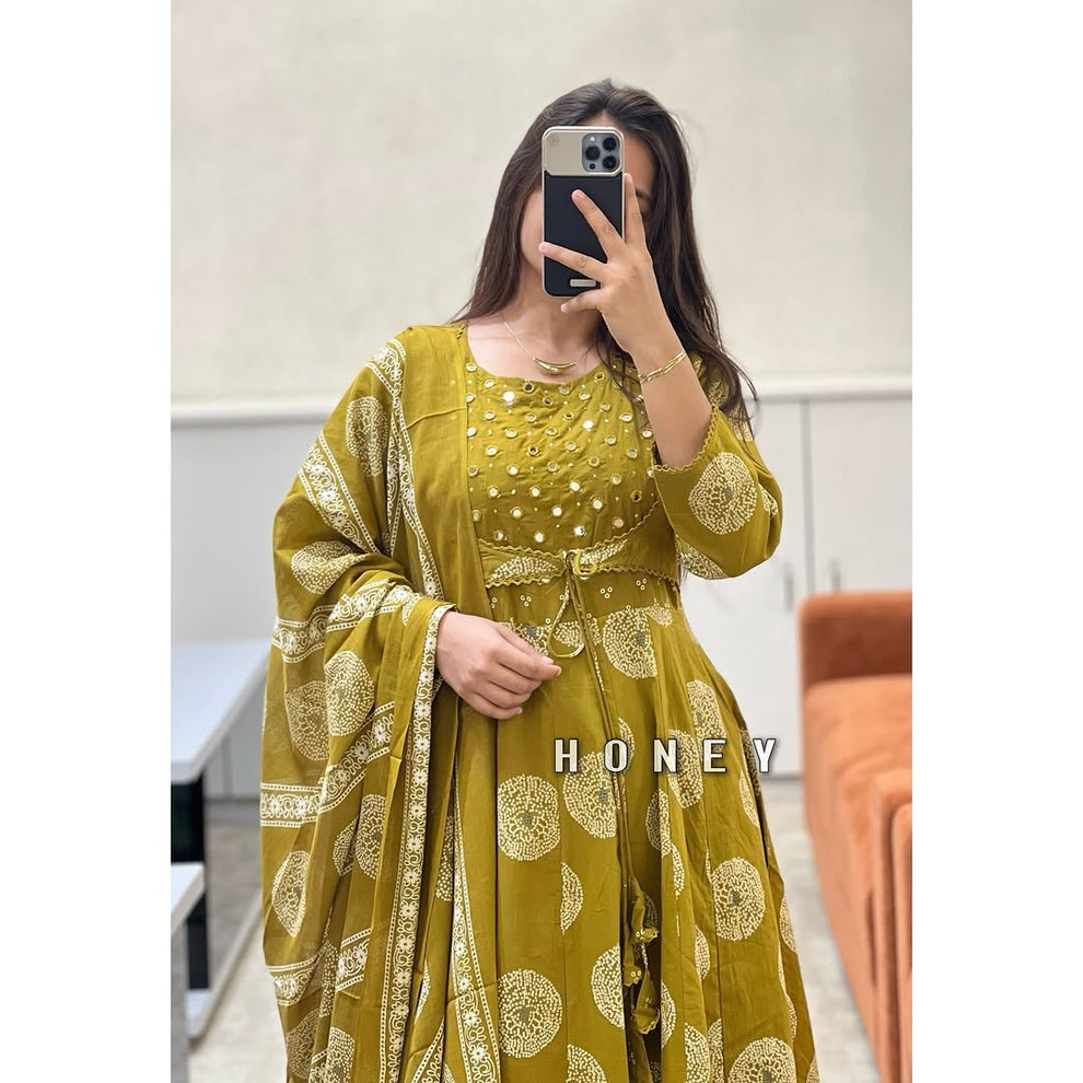Yellow Cotton Printed Anarkali with Attached Jacket Detailing with Pants and Dupatta