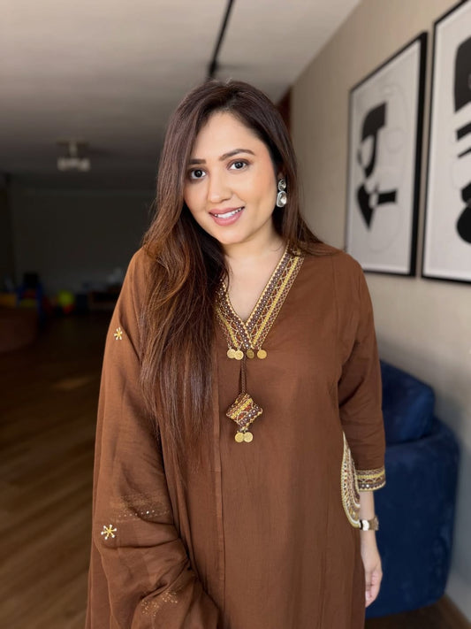 Brown Embroidered Kurta Set with Matching Dupatta