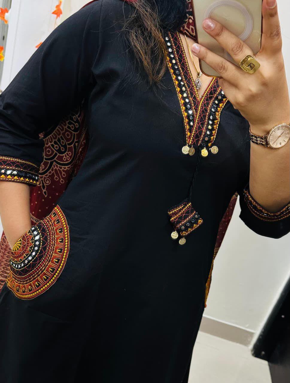 Black Kurta Pant Set with Red Ajrakh Dupatta