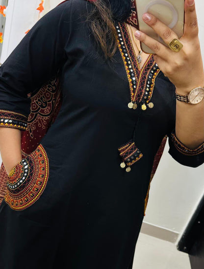 Black Kurta Pant Set with Red Ajrakh Dupatta