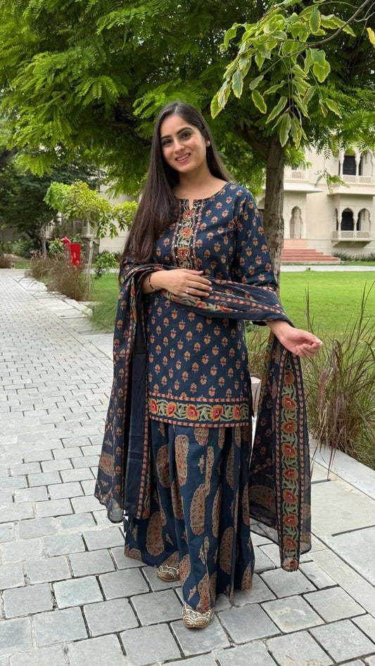 Navy Blue Printed Kurta Sharara Dupatta Set for Women