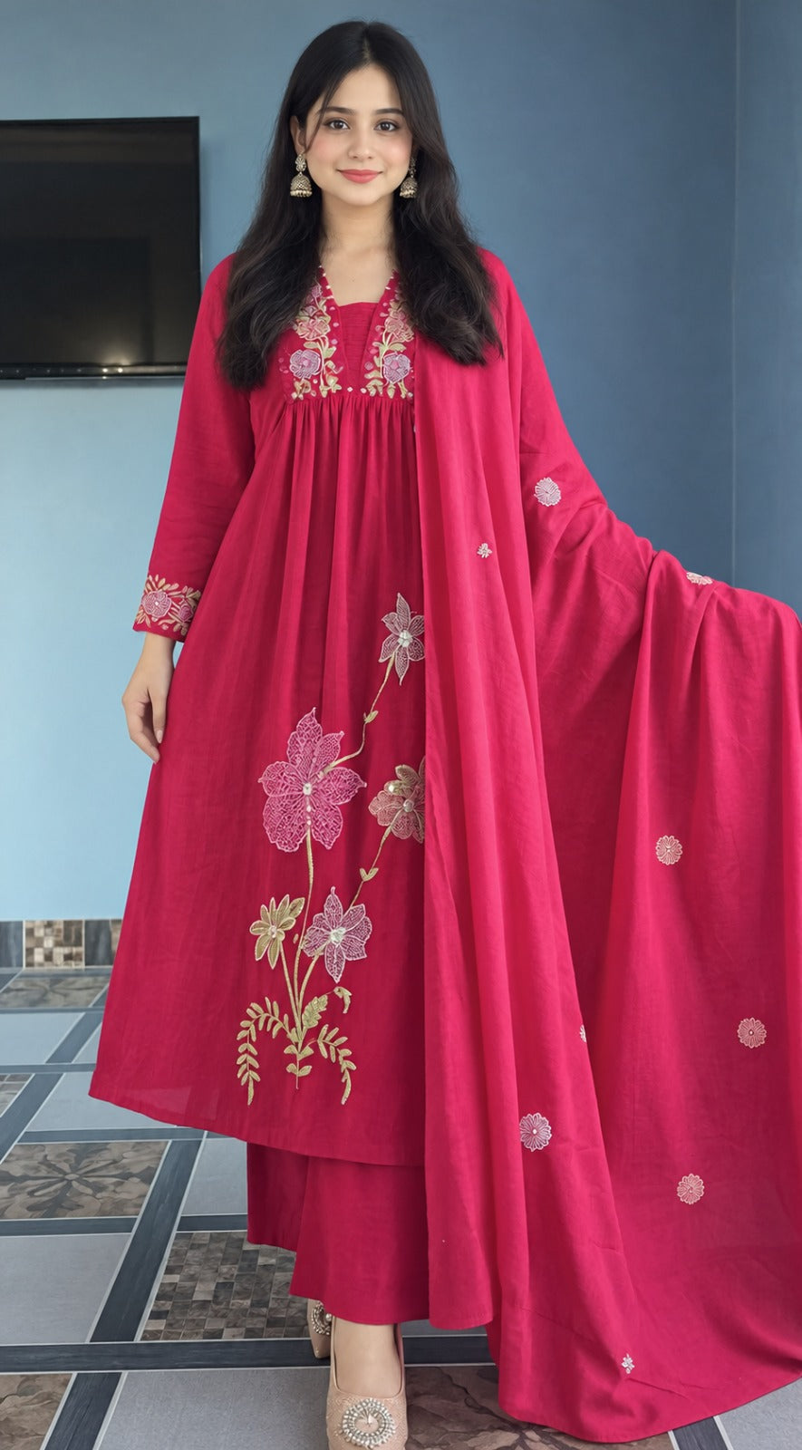 Pink Embroidered Anarkali Kurta Set with Dupatta for Women