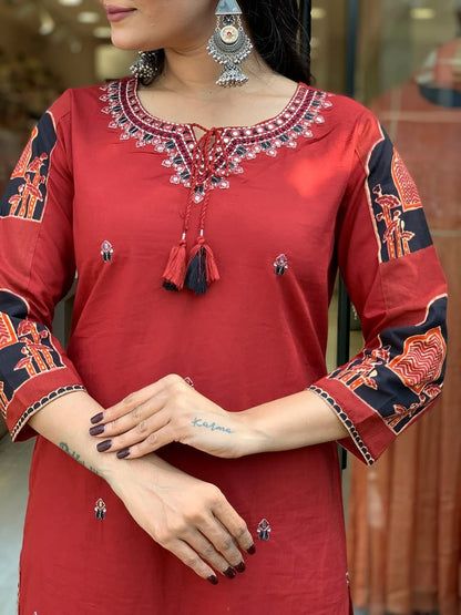 Red Handcrafted Kurta Set with Traditional Printed Dupatta